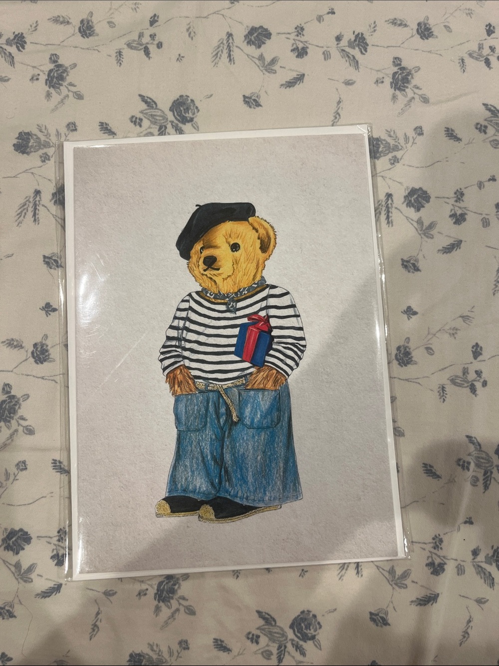 Teddy Bear Art Print Card in Black, White, Blue, Yellow